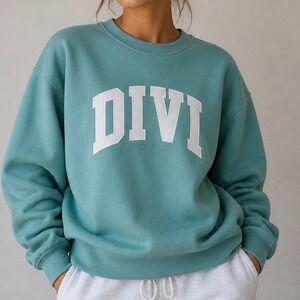Divi Official Teal Green Crewneck Sweatshirt Varsity‎ Logo Pullover Medium L1